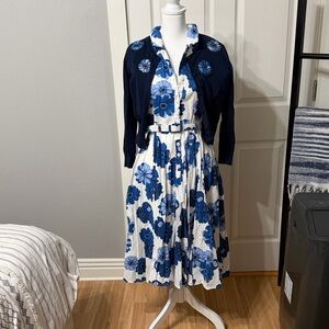 Modcloth Blue and White Floral Midi Dress/Pockets Matching Belt And Cardigan